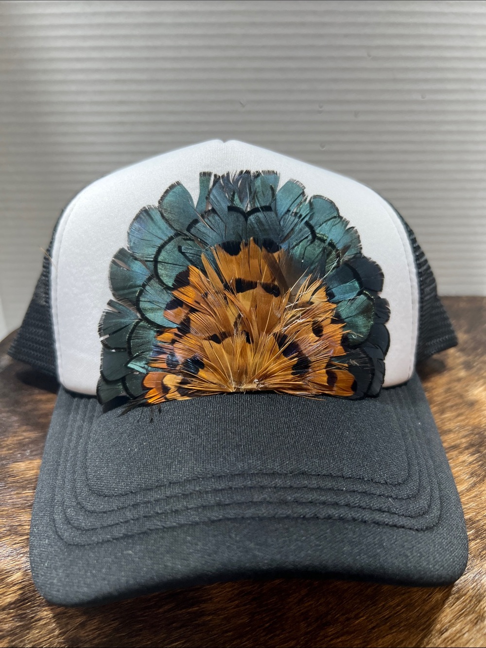 Black & White Trucker Hat with Turquoise Feather Embroidery. $45 retail!! - Picture 2 of 8